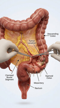 Surgical removal of colon tumor Medical illustration showing a cancerous growth in the sigmoid colon being operated on by surgeons