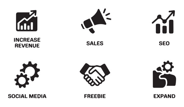Marketing strategy bold black icon pack showcasing revenue growth plus social media and sales symbols vector.