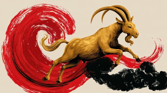 Majestic ram leaping forward crafted from sweeping gold foil brush stroke, representing the Chinese Zodiac year of the goat.