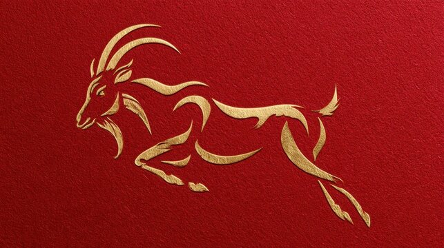Majestic ram leaping forward crafted from sweeping gold foil brush stroke, representing the Chinese Zodiac year of the goat.