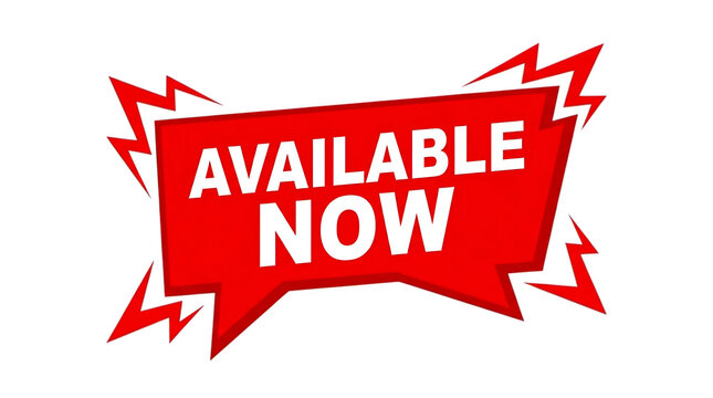 Red available now sale badge with explosion effect