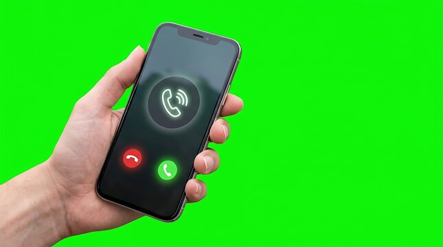 Person holding a modern smartphone with an incoming call notification screen over a chroma key green background