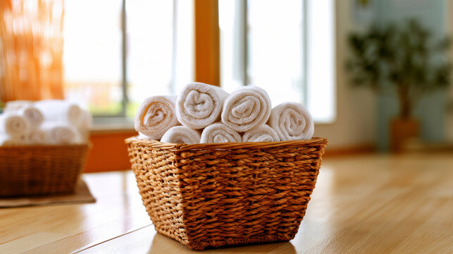 collection of clean cotton cleaning rags neatly rolled in a wicker basket.