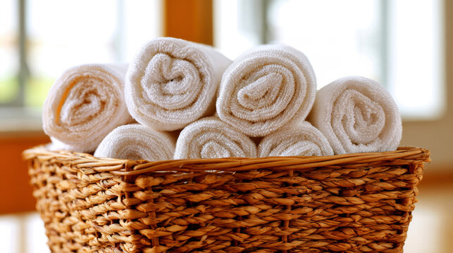 collection of clean cotton cleaning rags neatly rolled in a wicker basket.