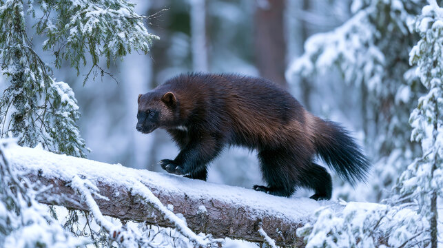 wolverine trotting across a snowy fallen cedar, dense Scandinavian boreal forest with snow-laden pine branches.