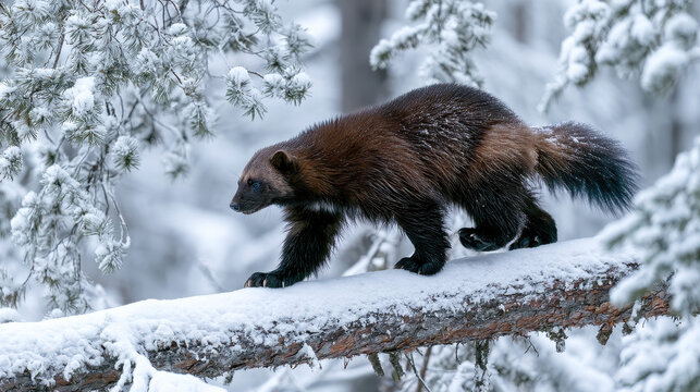 wolverine trotting across a snowy fallen cedar, dense Scandinavian boreal forest with snow-laden pine branches.
