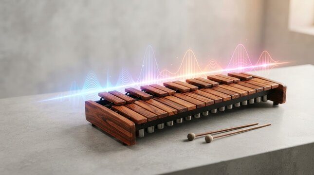 A wooden xylophone rests on a gray countertop.  A vibrant, stylized sound wave graphic overlays the instrument, emitting light trails.