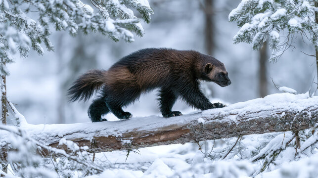 wolverine trotting across a snowy fallen cedar, dense Scandinavian boreal forest with snow-laden pine branches.