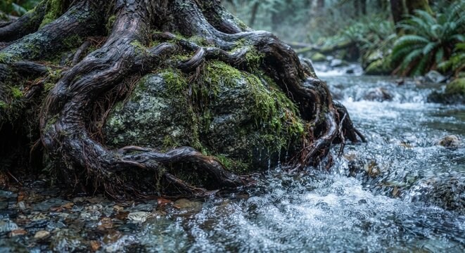 Ancient tree roots wrapped around a mossy rock beside a flowing river in a lush mystical forest   