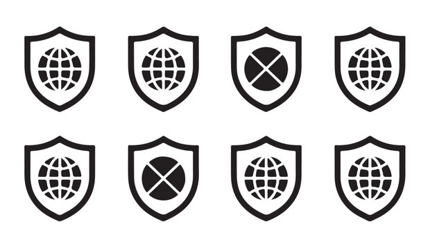 Shield icons with globe maps and crossed lines in black silhouette style for network security and global safety.