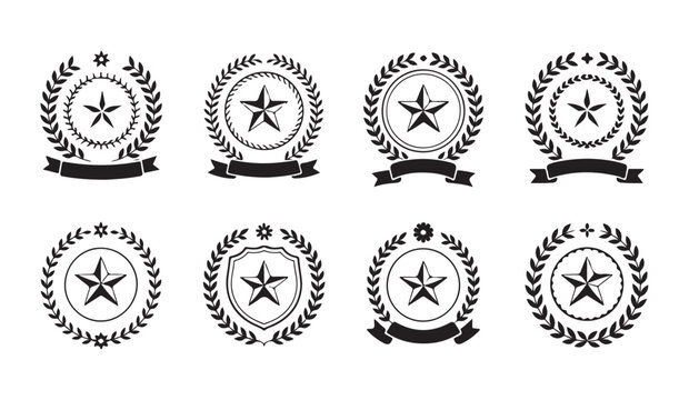 Laurel wreath emblems with stars and ribbons in black silhouette style for awards and prestigious recognition.