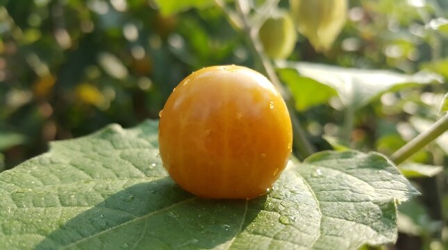 Ripe physalis berry resting on a green leaf in a sunny garden
