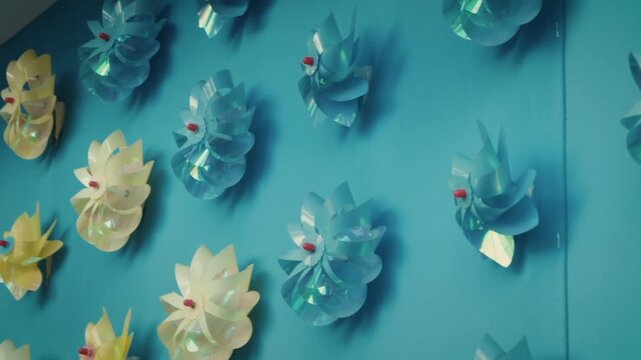 cinematic horizontal shot of colorful plastic pinwheels decorating a blue wall in a repeating pattern with a gentle panning motion