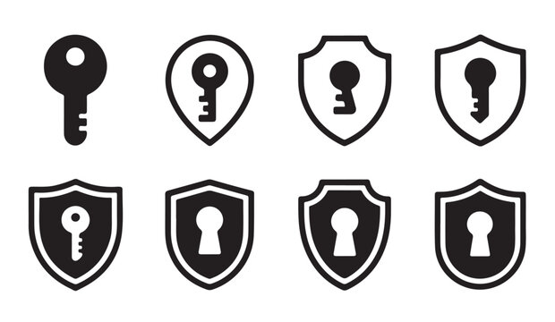 Shield and keyhole icons in black silhouette style for secure access and data protection digital solutions.