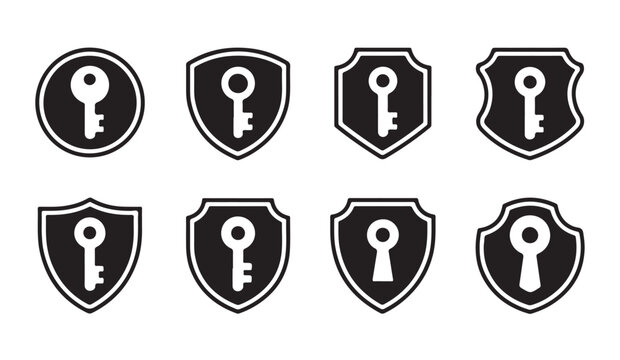 Key and shield emblem icons in black silhouette style for secure gateway and administrative access rights.