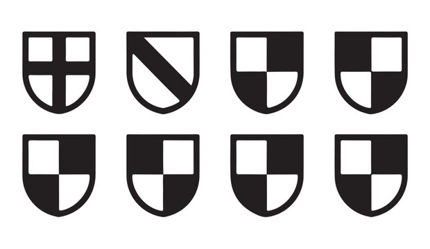 Heraldic shield set with black geometric patterns and classic quartered designs for noble family crest logos.