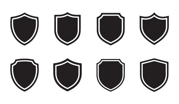 Shield emblem outlines with minimal border designs dark vector elements for graphical interface status indicators.