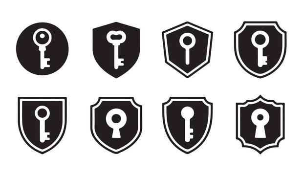 Set of eight black shield icons with keyhole and key shapes for digital privacy access and security systems.