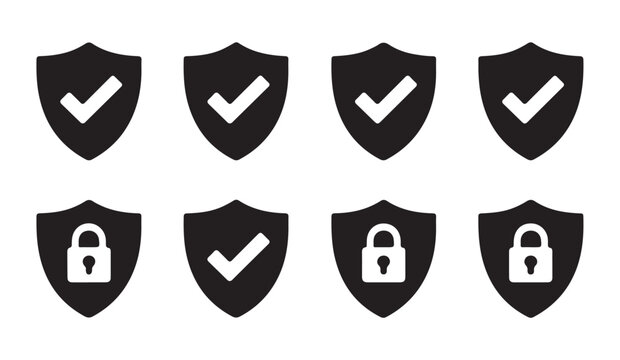 Shield icons with integrated check mark and padlock symbols dark vector graphics for authentication interface design.