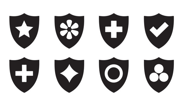 Set of eight black shield icons featuring geometric symbols for health insurance or identity branding projects.