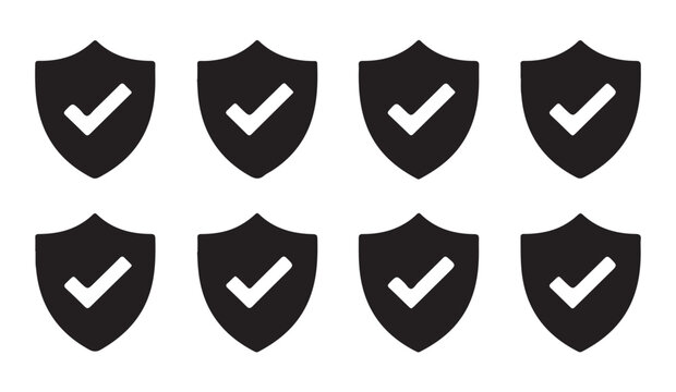 Set of eight black checkmark shield icons for verification systems and data protection secure status symbols.