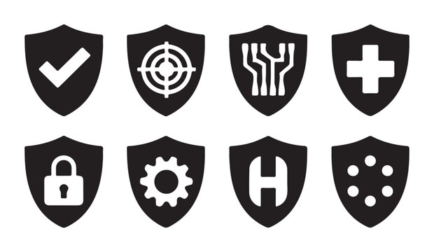 Black shield icons with varied symbols representing security, technology, and health protection.