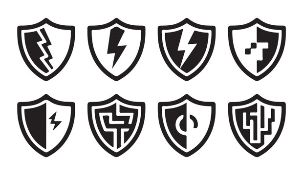 Black shield icons with lightning bolts and circuit patterns symbolize energy and cyber protection.