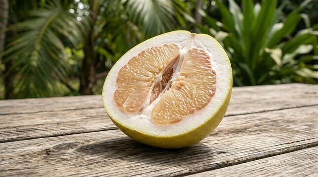 Fresh halved pomelo fruit on a rustic wooden table in a tropical garden setting