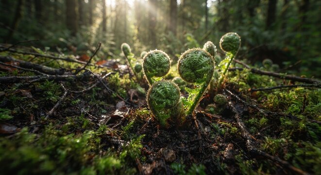Young fern fiddleheads unfurling on a mossy forest floor illuminated by golden sun rays   
