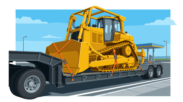 Low-angle vector illustration of a large yellow bulldozer secured with orange straps on a flatbed semi-trailer, heavy construction machinery being transported on a highway.