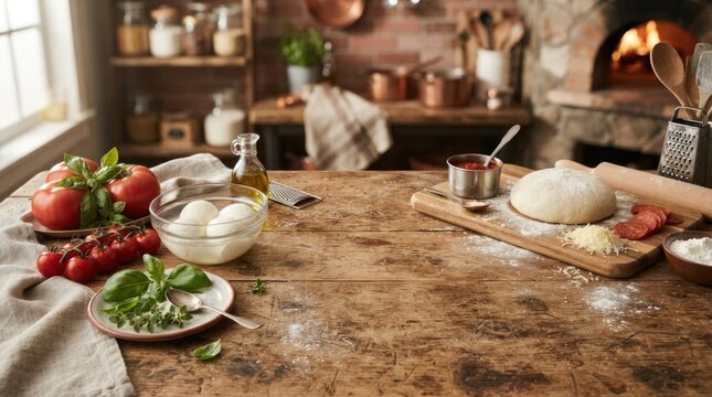 A rustic wooden table displays fresh ingredients for making pizza. A loaf of dough sits on a wooden cutting board, surrounded by tomatoes, basil, olive oil, and salami.