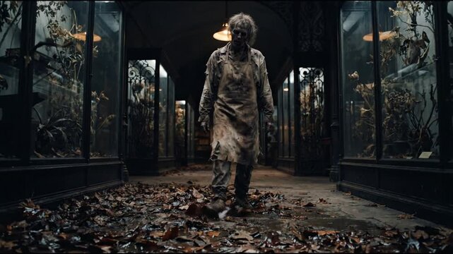 Scary zombie character walking in dark abandoned hallway with dry