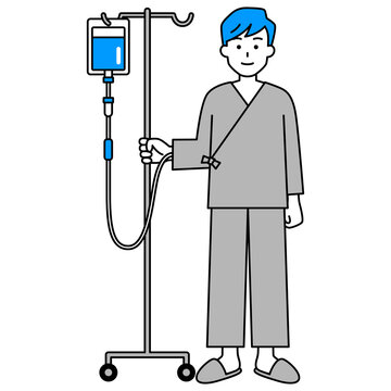 点滴スタンドを持つ若い男性患者（全身）