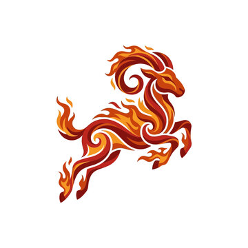 Stylized fire ram leaping with flaming horns on white background