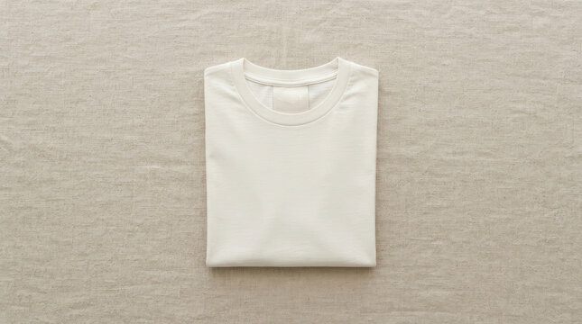 A neatly folded, white t-shirt rests on a textured beige linen cloth. The shirt is positioned centrally, showcasing its simple design and clean lines.