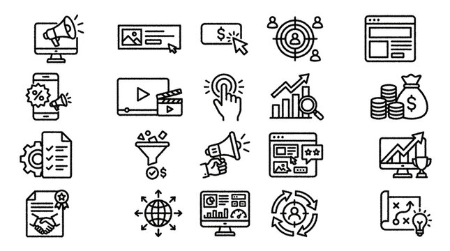 Digital marketing line icon set of 20 icons, online advertising graphic symbols, business analytics linear icons, promotion strategy elements isolated on Transparent Background