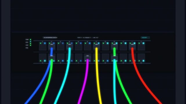 Network switch with colorful ethernet cables connected to ports, data center hardware, internet connectivity and server management