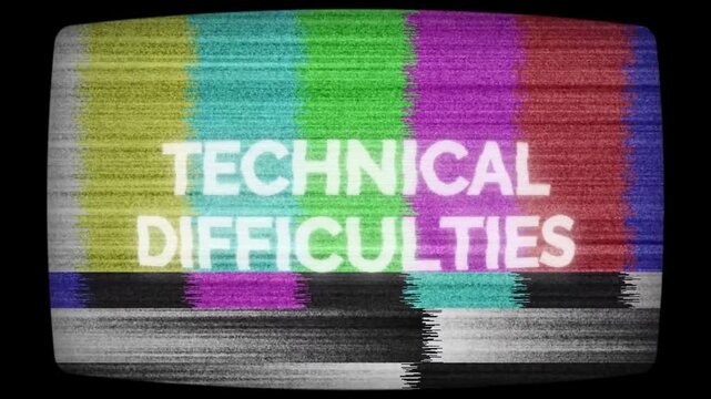 Television broadcast test pattern with color bars and static noise suitable for showcasing technical difficulties in media presentations. Broadcast visual aid.