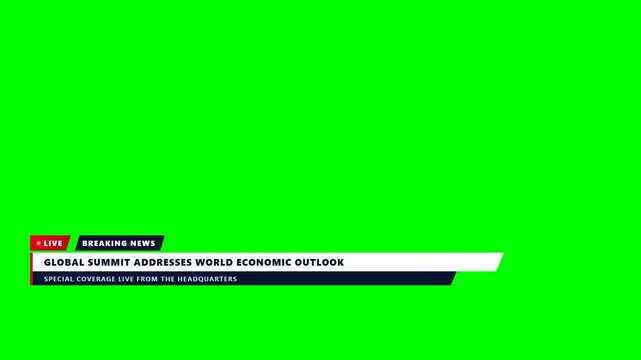 High-end television broadcast lower third motion graphics overlay on chroma green screen, featuring a standalone LIVE on-air badge stacked above the breaking news pill, clean dual-tier headline bars, 