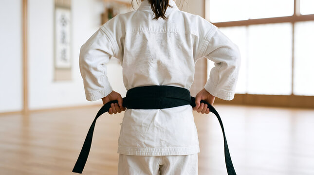 Rear View of Child in White Uniform Tightening Black Belt in Martial Arts Dojo