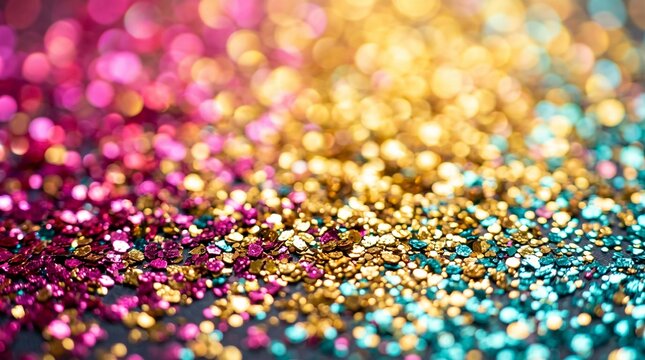 Macro photography of sparkling colorful glitter with pink gold and teal bokeh light texture