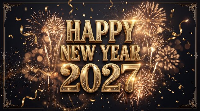 Elegant Happy New Year 2027 celebration poster, luxurious black background, golden fireworks, sparkling particles, premium gold 3D typography saying &ldquo;HAPPY NEW YEAR 2027&rdquo;, elegant golden confetti, cin