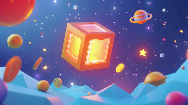 Futuristic glowing data cube floating in a deep space landscape with colorful planets and stars.