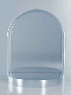 Front view of luxury chrome silver stage with arch backplate in minimalist light blue studio. 3D elegant metallic background mockup for product display.