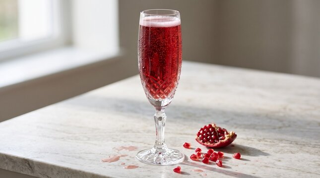 Pomegranate drink in flute glass elegant fruity refreshment