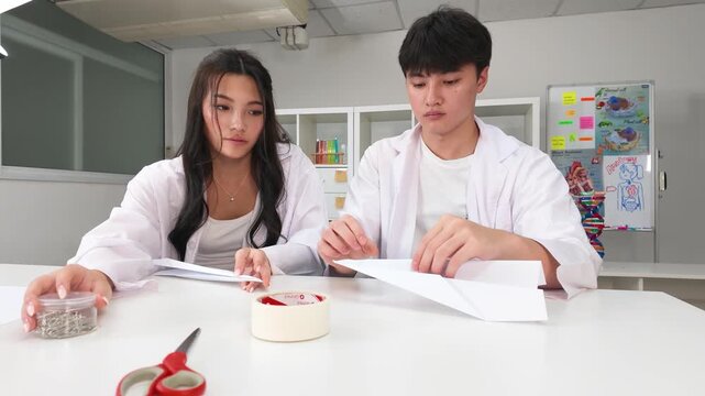 Asian Student Scientists Folding Paper Origami for Physics Experiment in Laboratory