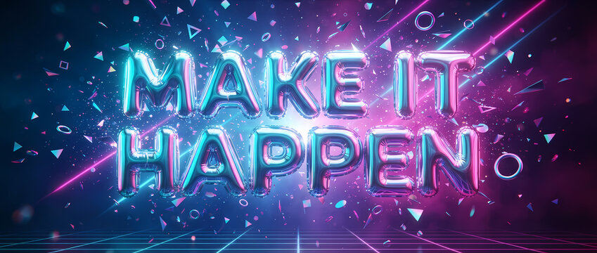 Make it happen 3D neon text background for motivational and success concept