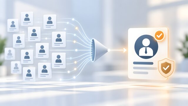 Conceptual 3D illustration of human resources recruitment process, filtering multiple job candidates through a funnel to find the best qualified and verified employee for corporate hiring.