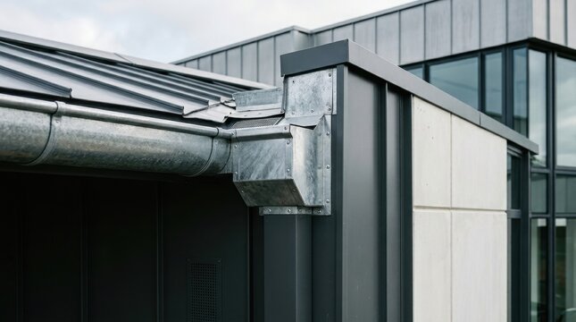 Commercial building exterior metal roof gutter downspout system corner detail.