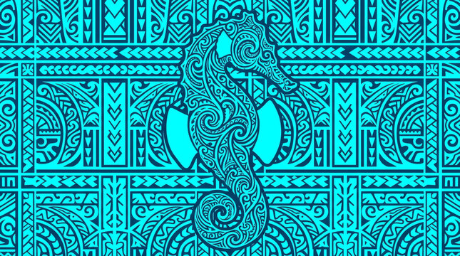 Seahorse with Polynesian Tribal Pattern and Ocean Wave Background Design